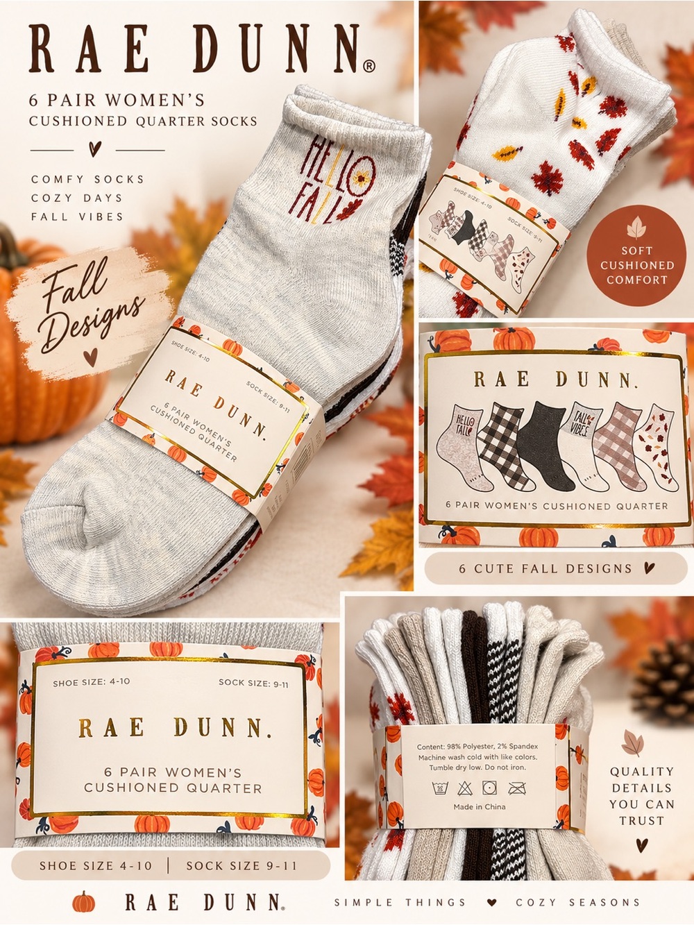 NWT Rae Dunn White Crew Socks with Fall Embroidery